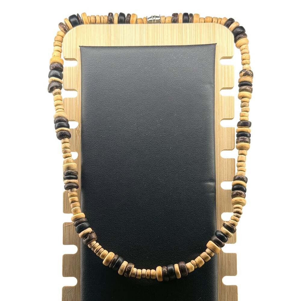 Handcrafted Coconut Shell Wood Heishi Bead Surfer Necklace 17.5" Barrel Clasp